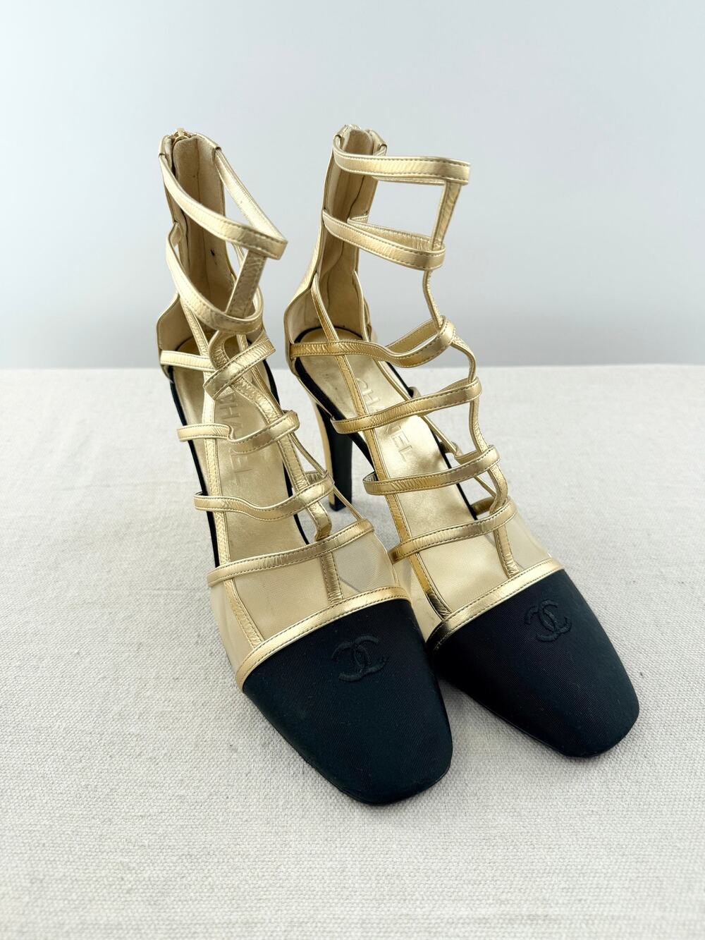Chanel Metallic Leather Cap Toe Strappy Cage Ankle Booties Gold Black Size EU 41